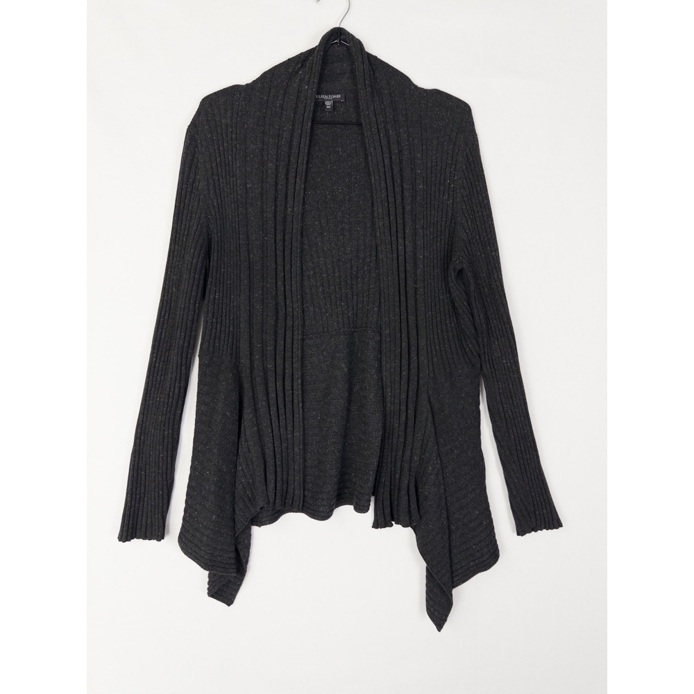 Eileen Fisher Cardigan Womens PM Black Open‎ Front Italian Fabric Knit Fringe